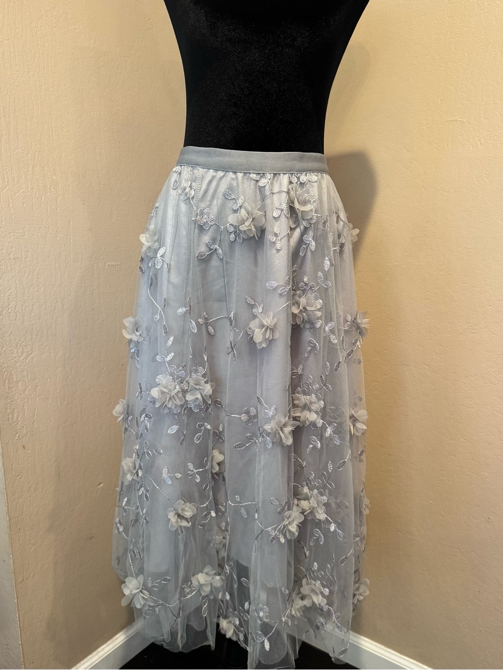 Fairy Silver Tulle Maxi Skirt W/3D Floral Appliqués and Silver Thread Embroidery